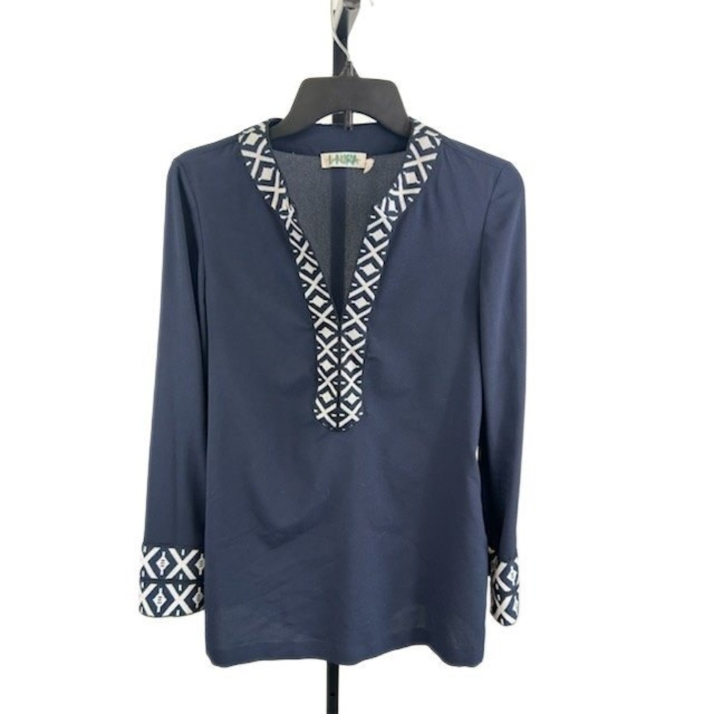 Tory Burch‎ Navy Blue Long Sleeve Tunic Top Blouse Geometric Women's Size 4